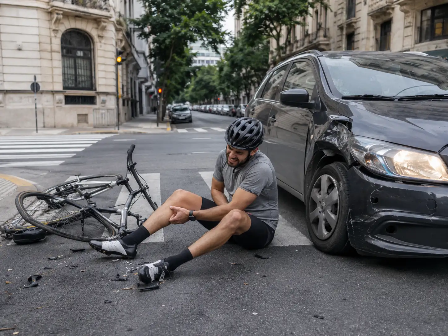 Ciclista atropellado por auto o moto en Buenos Aires, discusión sobre prioridad de paso, punto de impacto, ángulo de la maniobra y visibilidad. Vulnerabilidad del ciclista con lesiones del cuerpo y daños al rodado, reclamo indemnizatorio contra el conductor del vehículo motorizado y su aseguradora
