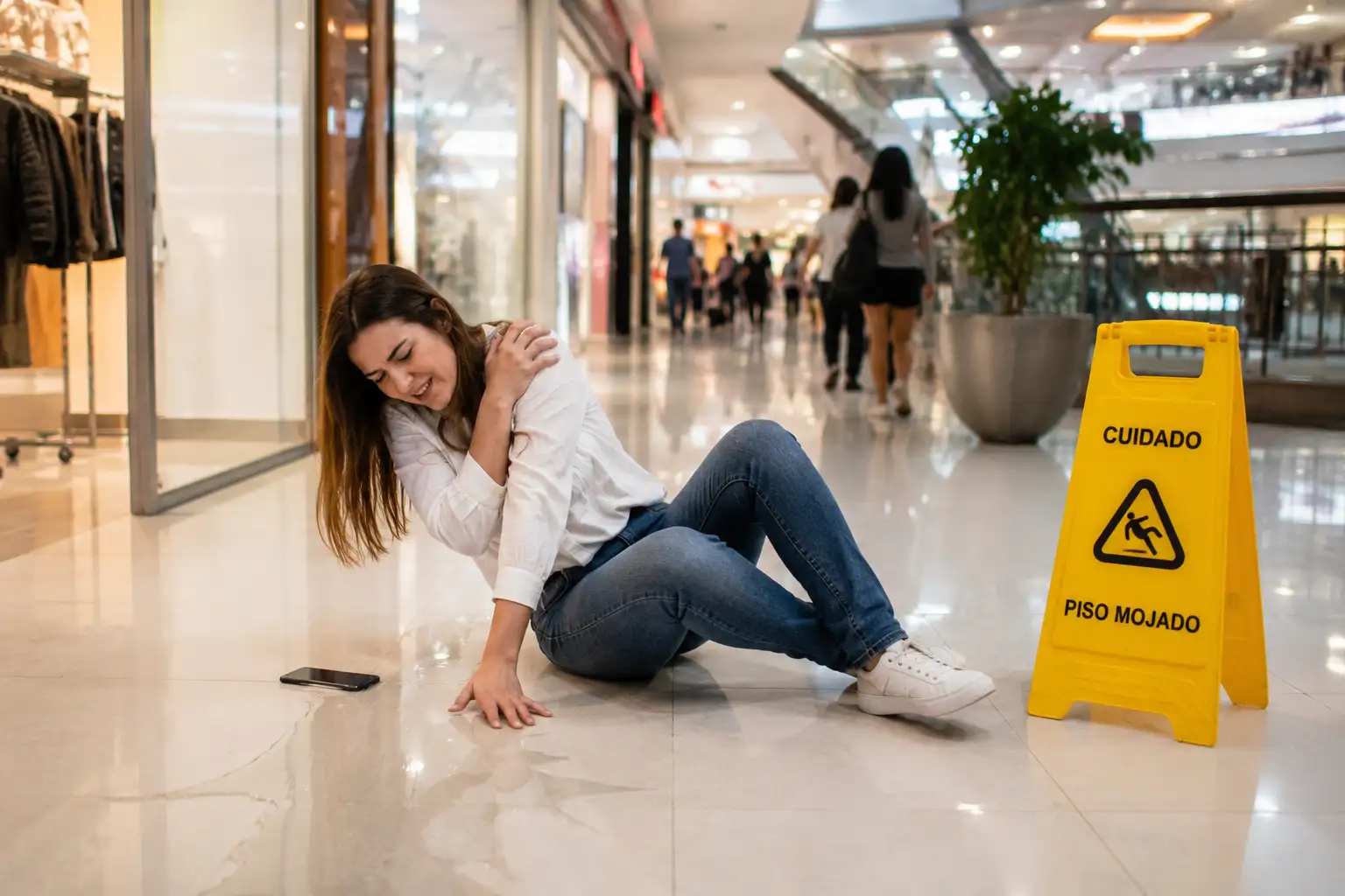 Abogado por caídas en shoppings y supermercados en Buenos Aires, pisos mojados sin señalizar, escaleras mecánicas defectuosas, góndolas inestables. Responsabilidad objetiva del comercio bajo el deber de seguridad del art. 1757 CCCN.