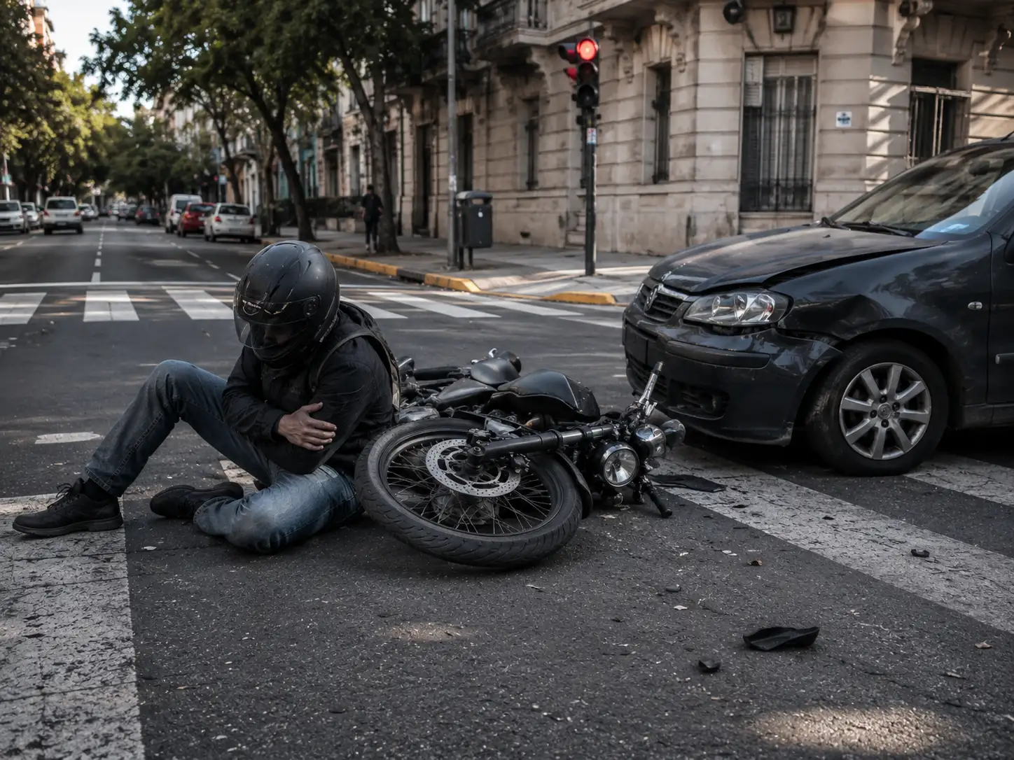 Motociclista embestido en cruce de calles de Buenos Aires, discusión sobre prioridad de paso, semáforo y velocidad. Vulnerabilidad del motociclista con lesiones graves, daño del rodado y reclamo indemnizatorio contra el conductor del auto y su aseguradora